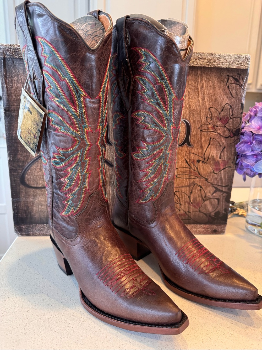 Brown Leather Cowboy Boots with Red, yellow & Teal Stitching new in box
